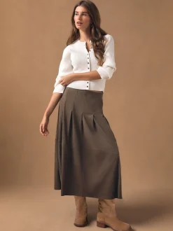 Marron chocolat - Jupe kilt mi-longue en faux daim
