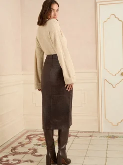 Marron chocolat - Jupe mi-longue Love & Roses fendue en similicuir