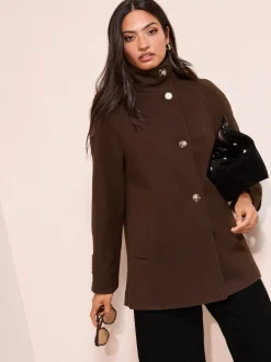 Marron chocolat - Manteau mi-long Friends Like These col cheminée boutonné sur le devant