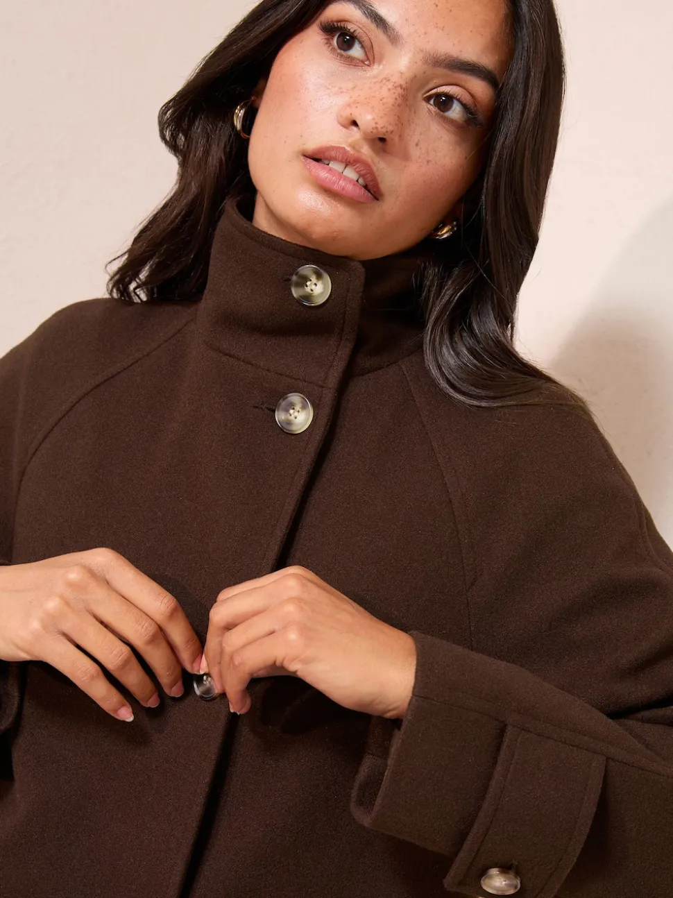 Marron chocolat - Manteau mi-long Friends Like These col cheminée boutonné sur le devant