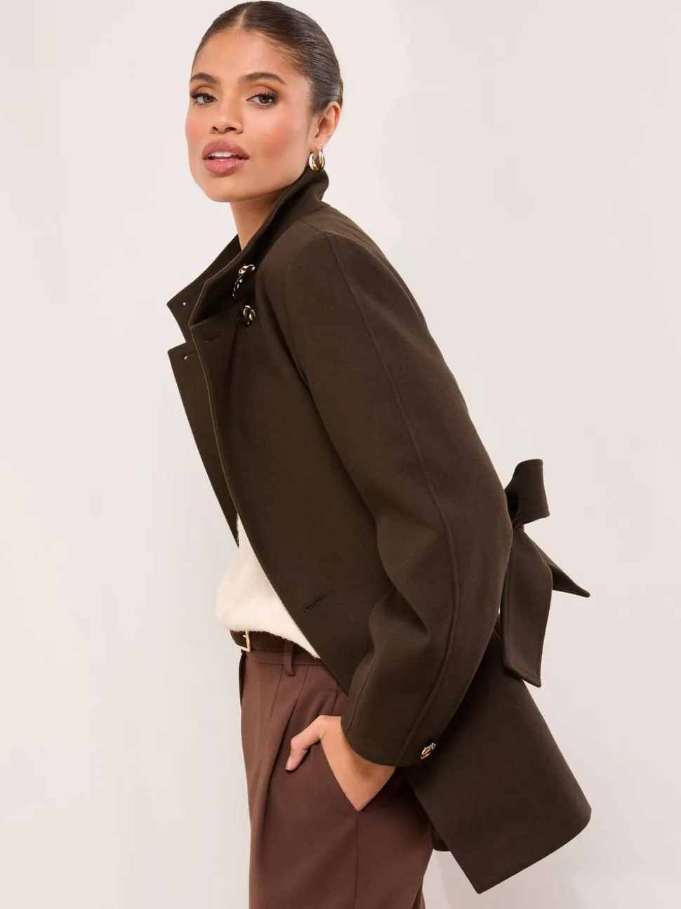 Marron chocolat - Manteau mi-long Lipsy col cheminée