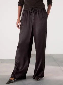 Marron chocolat - Pantalons en satin à jambe large et taille ceinturée