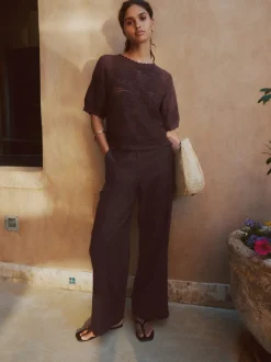 Marron chocolat - Pantalons intelligents à jambe large en lin Blend