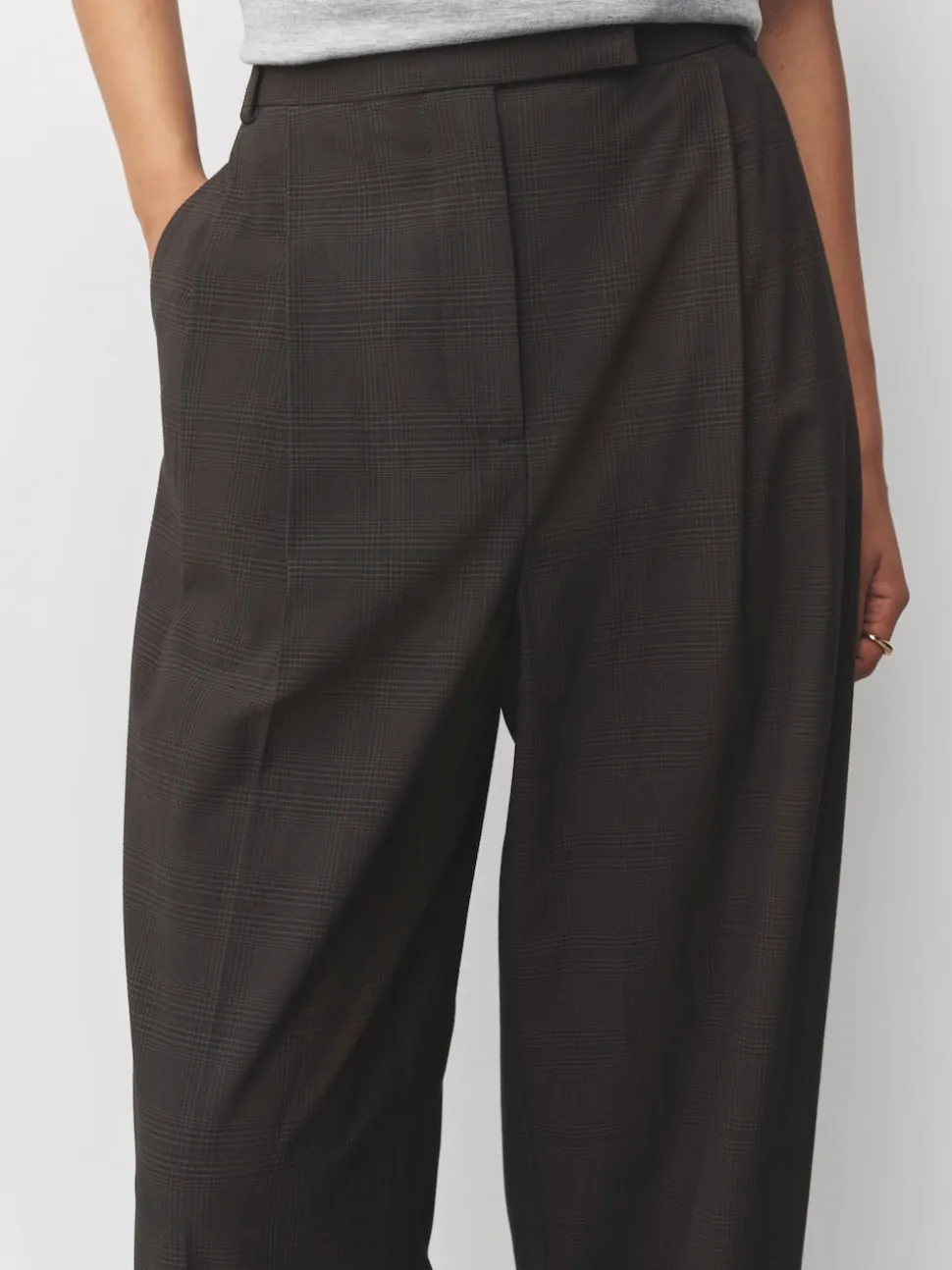 Marron chocolat - Pantalons Coupe droite à double plis à Carreaux