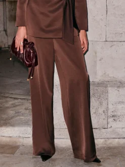 Marron chocolat - Pantalons amples en satin à dos élastique