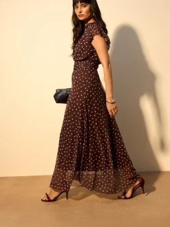 Marron chocolat à pois - Robe longue Grande occasion à col en V Imprimé en maille Plissé