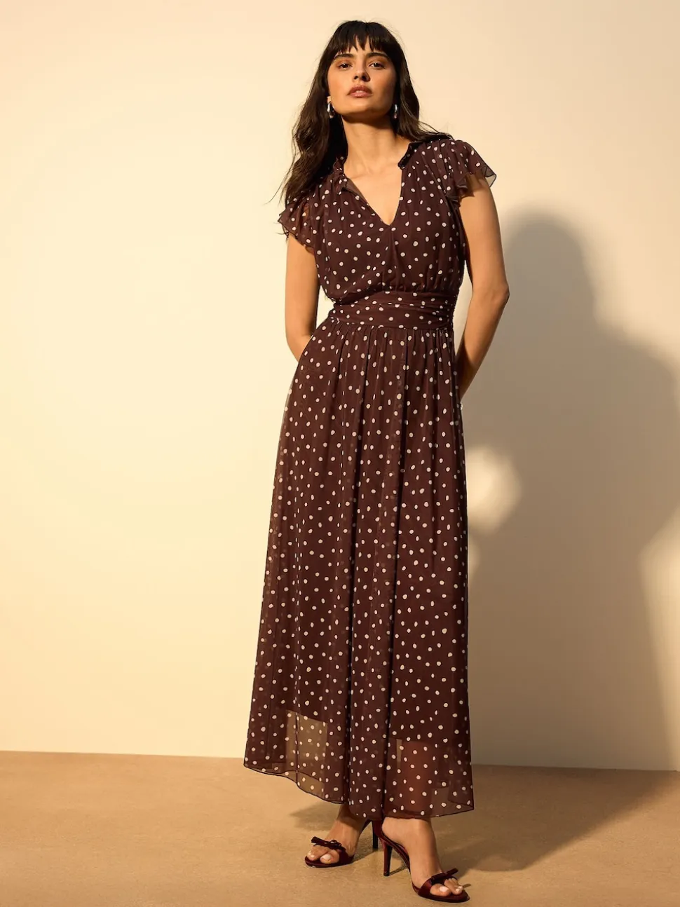 Marron chocolat à pois - Robe longue Grande occasion à col en V Imprimé en maille Plissé