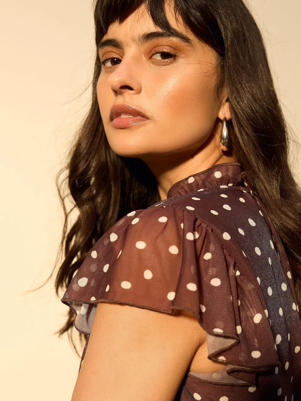 Marron chocolat à pois - Robe longue Grande occasion à col en V Imprimé en maille Plissé