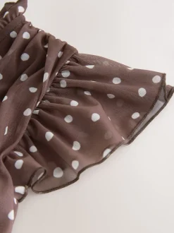 Marron chocolat à pois - Robe longue Grande occasion à col en V Imprimé en maille Plissé