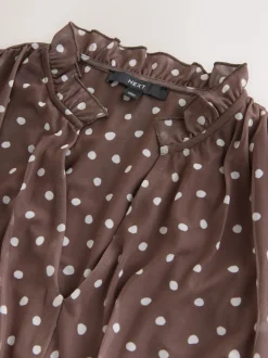 Marron chocolat à pois - Robe longue Grande occasion à col en V Imprimé en maille Plissé