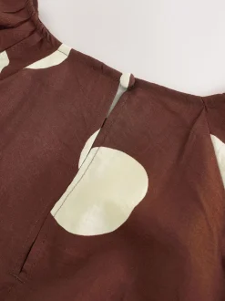 Marron chocolat à pois - Robe mi-longue imprimée à manches bouffantes