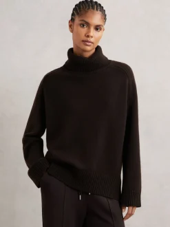Marron chocolat - Pull col roulé en laine et cachemire Reiss Brooklyn