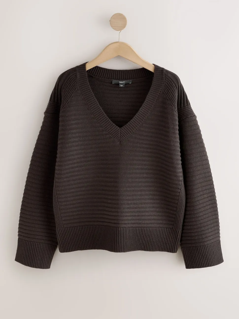 Marron chocolat - Pull côtelé en maille à col en V