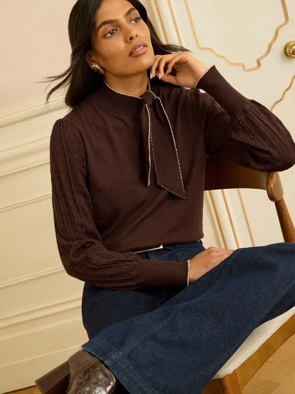 Marron chocolat - Pull Love & Roses en maille à col noué