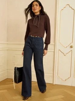 Marron chocolat - Pull Love & Roses en maille à col noué