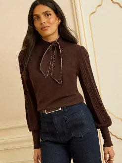 Marron chocolat - Pull Love & Roses en maille à col noué