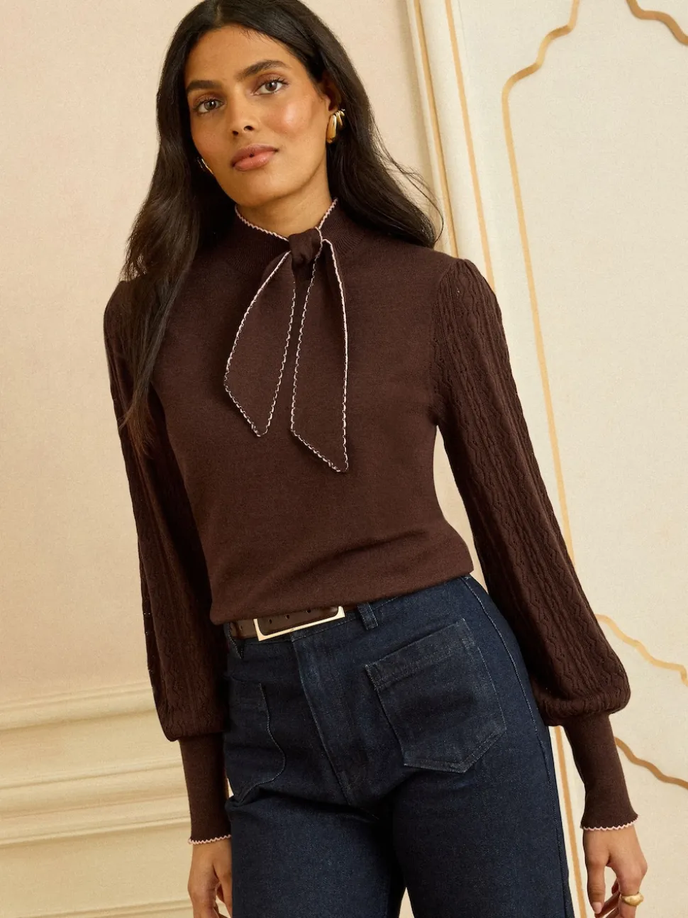 Marron chocolat - Pull Love & Roses en maille à col noué