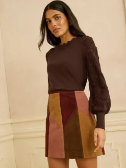 Marron chocolat - Pull Love & Roses Bobble Stitch en maille festonnée