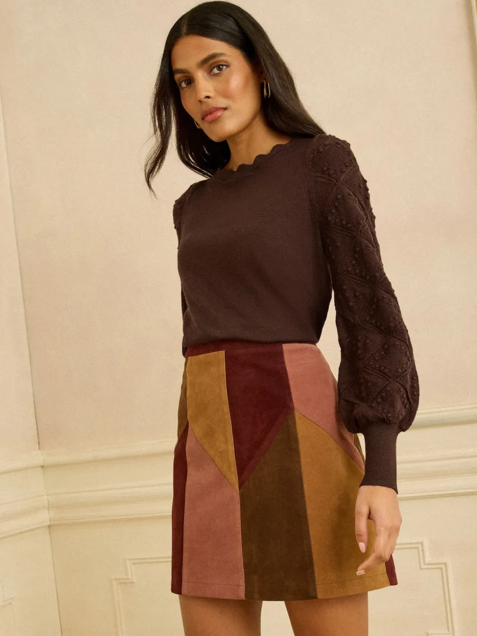 Marron chocolat - Pull Love & Roses Bobble Stitch en maille festonnée