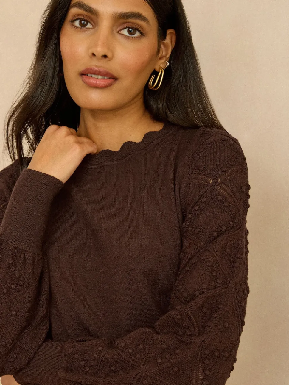 Marron chocolat - Pull Love & Roses Bobble Stitch en maille festonnée