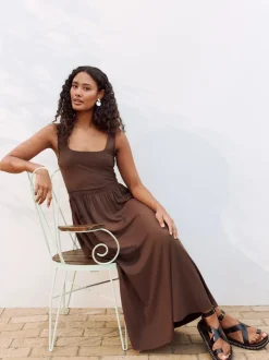 Marron chocolat - Robe d’été à taille jersey