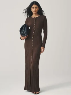 Marron chocolat - Robe mi-longue côtelée boutonnée à manches longues