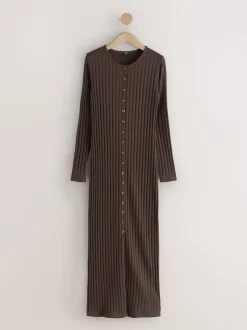 Marron chocolat - Robe mi-longue côtelée boutonnée à manches longues