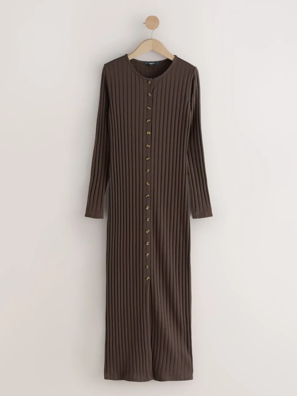 Marron chocolat - Robe mi-longue côtelée boutonnée à manches longues