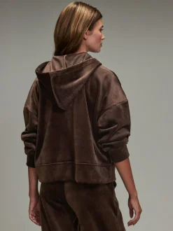 Marron chocolat - Sweat à capuche doux en velours côtelé à manches longues