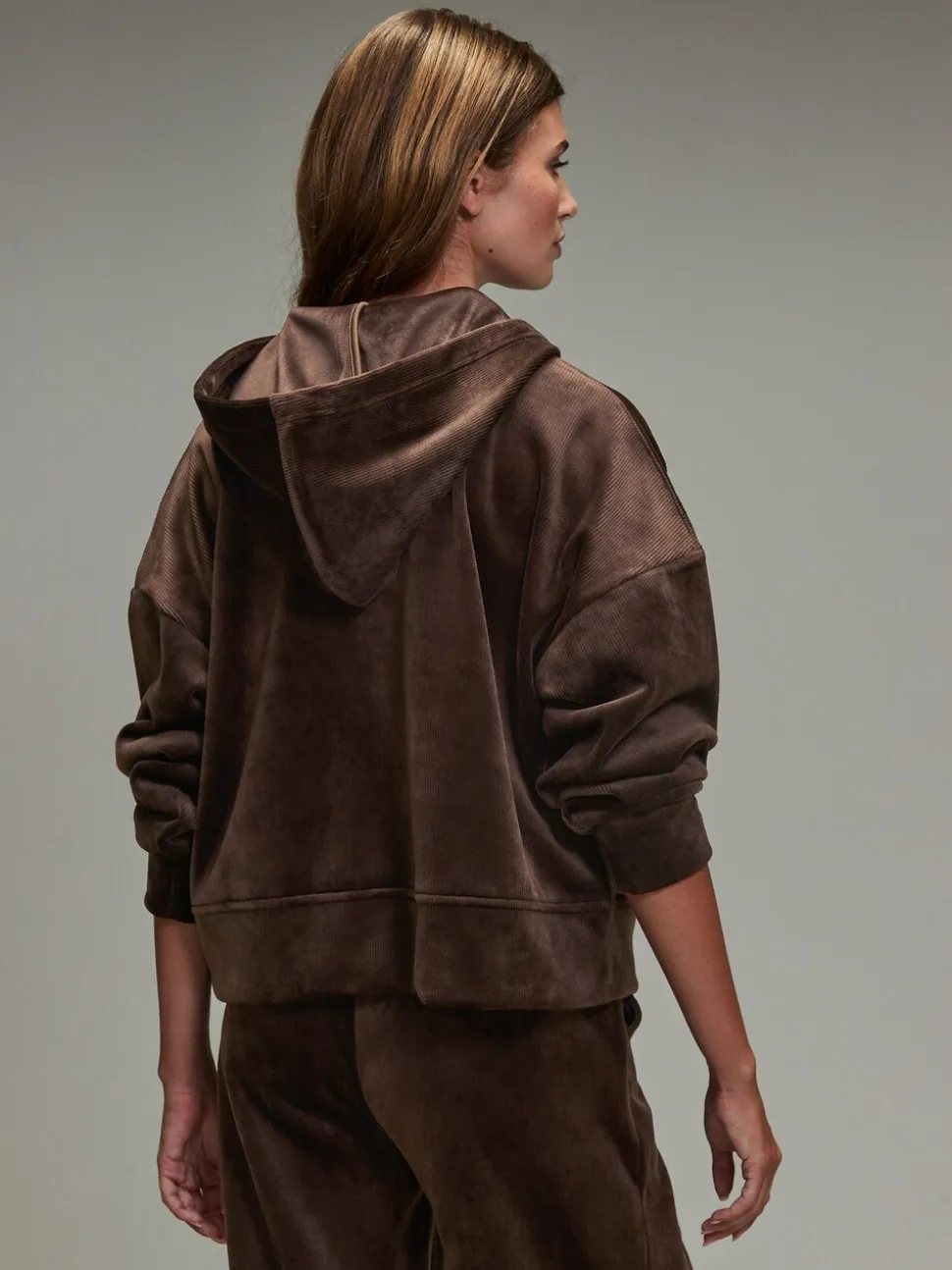 Marron chocolat - Sweat à capuche doux en velours côtelé à manches longues