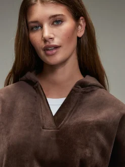 Marron chocolat - Sweat à capuche doux en velours côtelé à manches longues