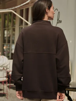Marron chocolat - Sweat-shirt décontracté en jersey épais à col zippé