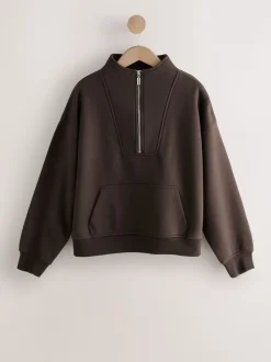 Marron chocolat - Sweat-shirt décontracté en jersey épais à col zippé