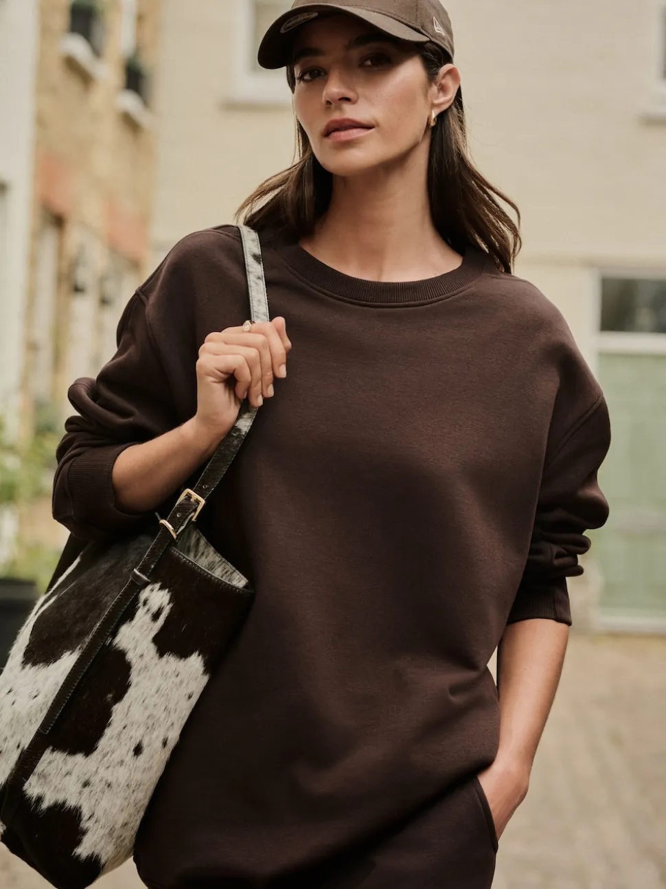 Marron chocolat - Sweat-shirt long Essentiels coupe décontractée avec poches