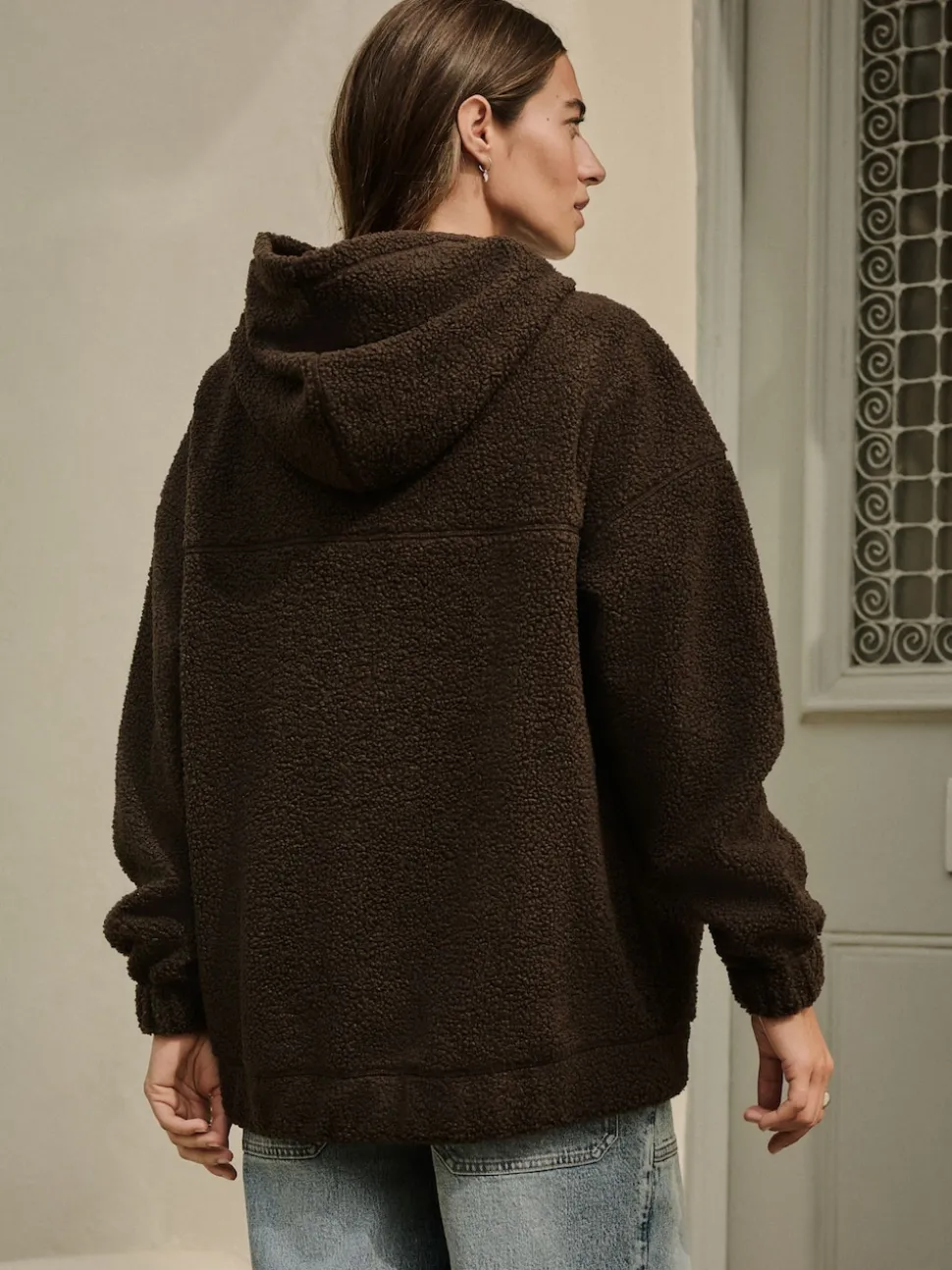 Marron chocolat - Sweat-shirt à capuche doux Borg à manches longues