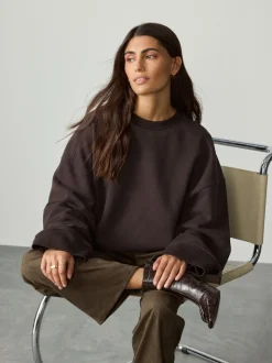 Marron chocolat - Sweat-shirt côtelé à manches longues et col rond surélevé