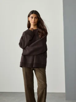 Marron chocolat - Sweat-shirt côtelé à manches longues et col rond surélevé