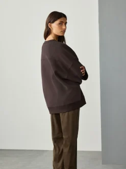 Marron chocolat - Sweat-shirt côtelé à manches longues et col rond surélevé