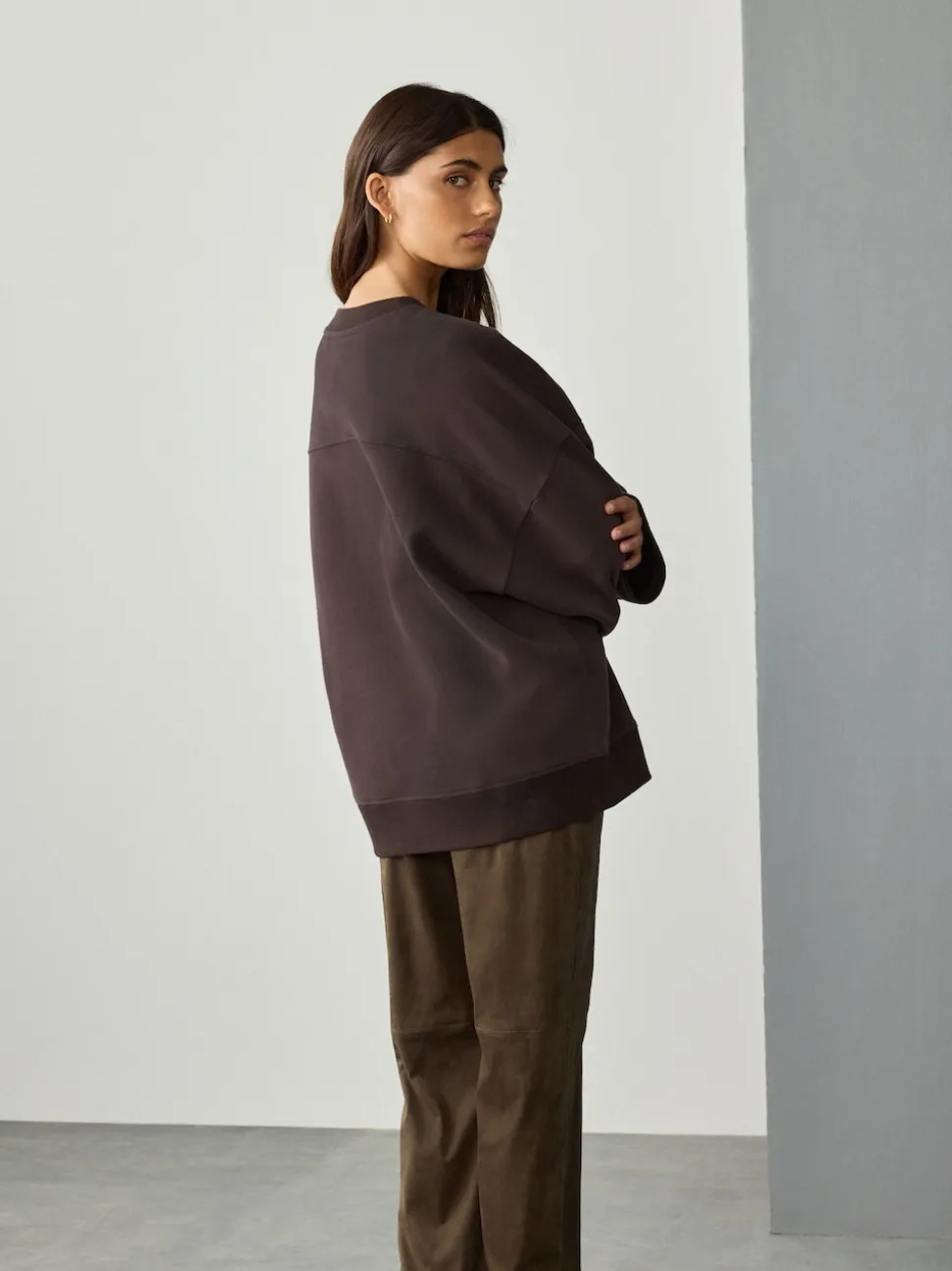 Marron chocolat - Sweat-shirt côtelé à manches longues et col rond surélevé