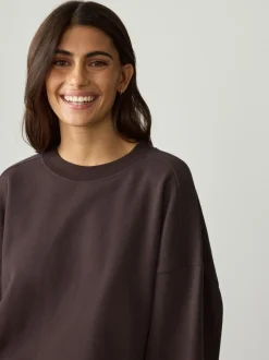 Marron chocolat - Sweat-shirt côtelé à manches longues et col rond surélevé