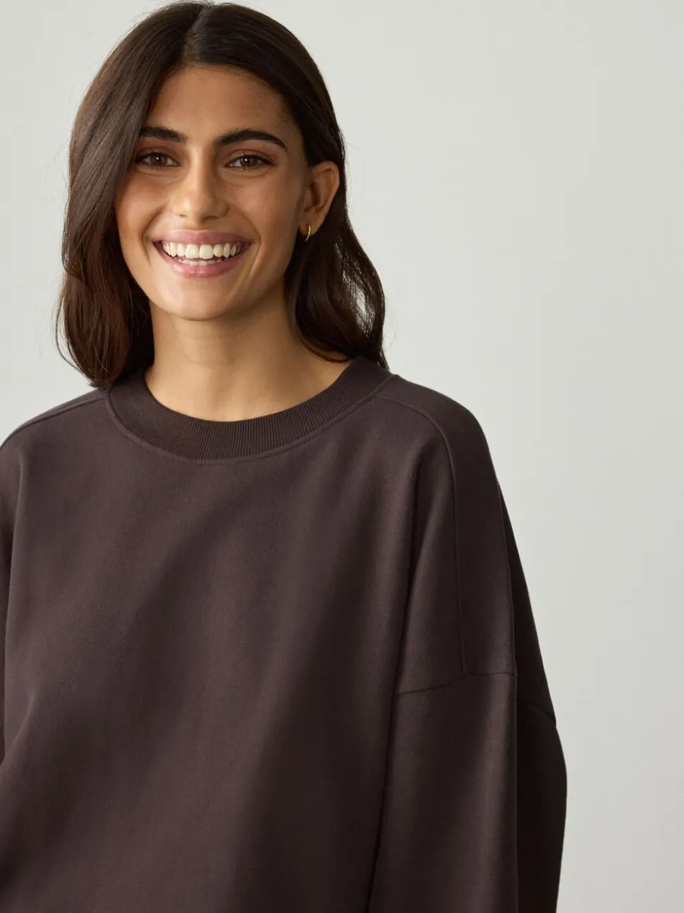 Marron chocolat - Sweat-shirt côtelé à manches longues et col rond surélevé