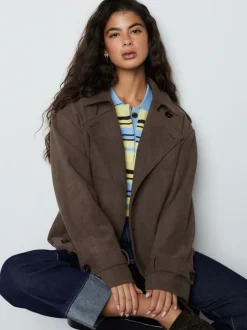 Marron chocolat - Trench raccourci en faux daim