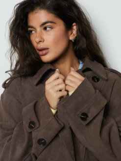 Marron chocolat - Trench raccourci en faux daim