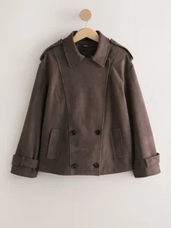 Marron chocolat - Trench raccourci en faux daim