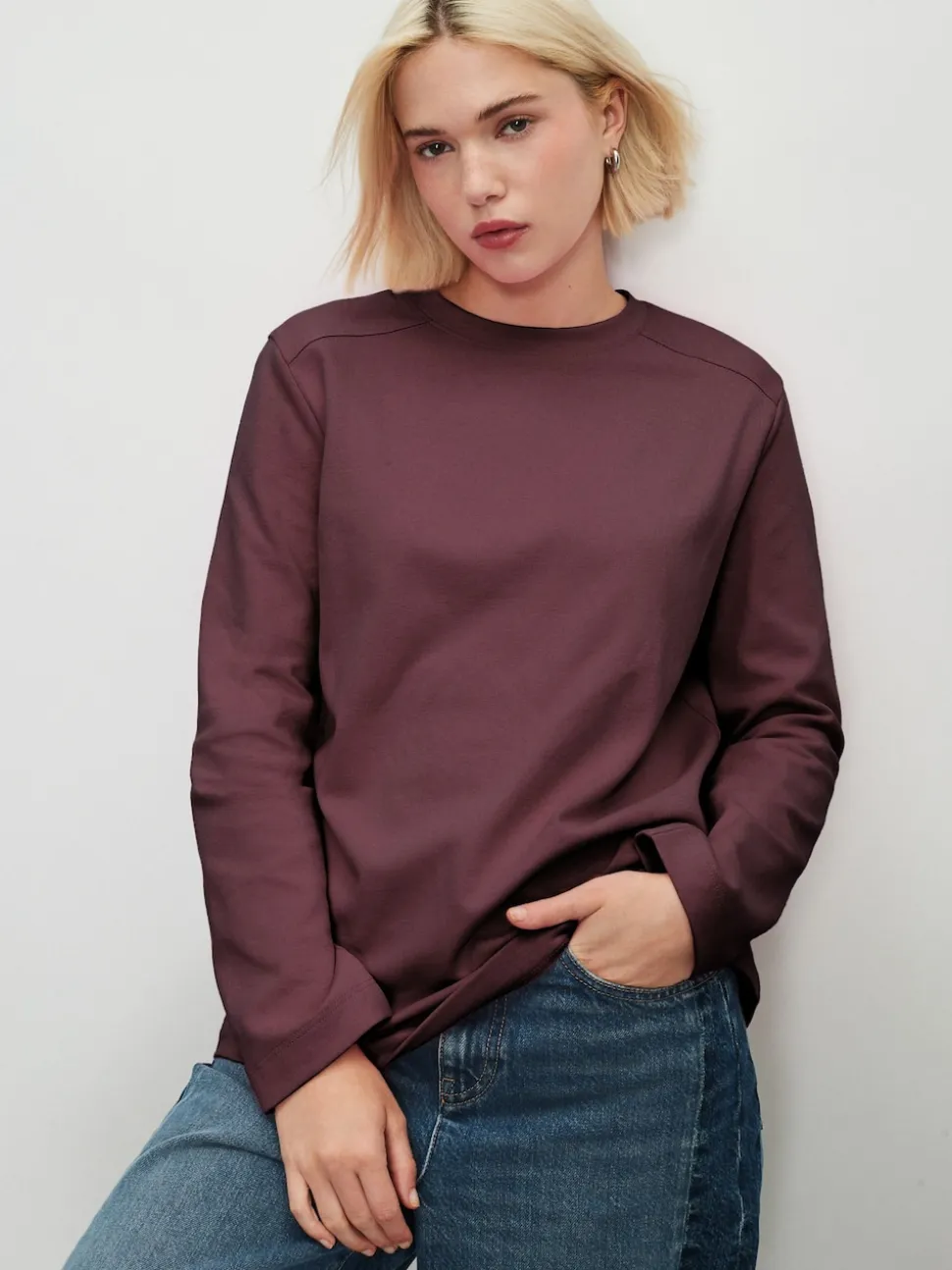 Marron chocolat - T-shirt décontracté à manches longues et col rond
