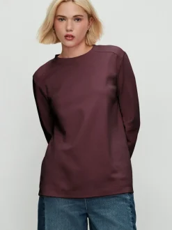 Marron chocolat - T-shirt décontracté à manches longues et col rond