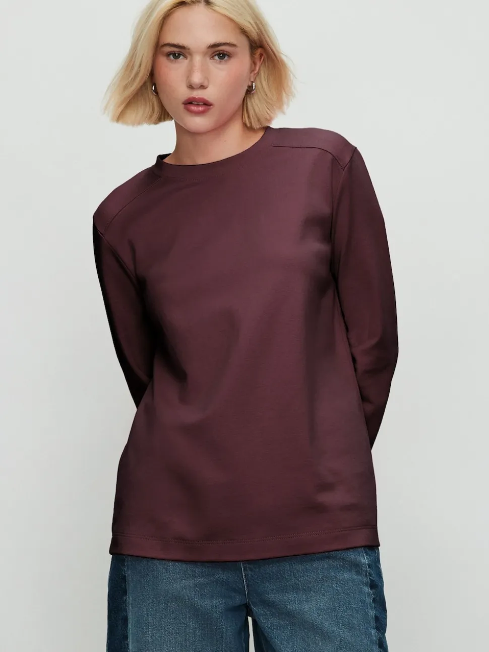 Marron chocolat - T-shirt décontracté à manches longues et col rond