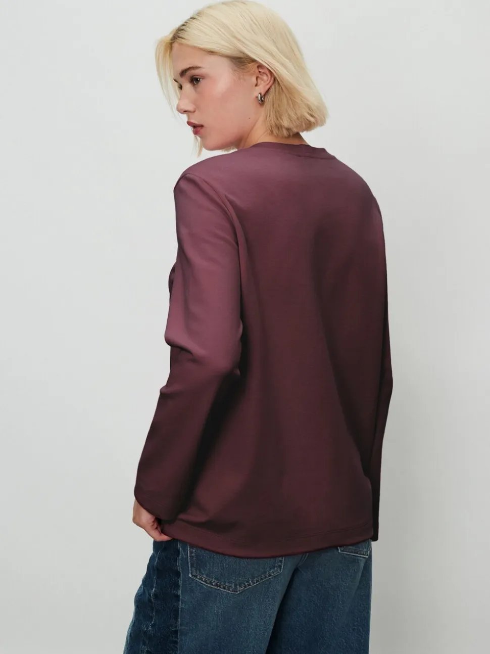 Marron chocolat - T-shirt décontracté à manches longues et col rond