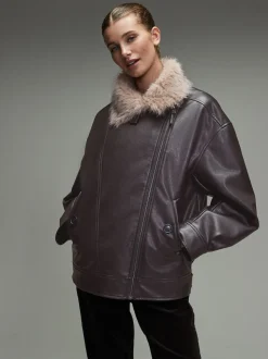 Marron chocolat - Vestes bomber en PU avec bordure en fausse fourrure