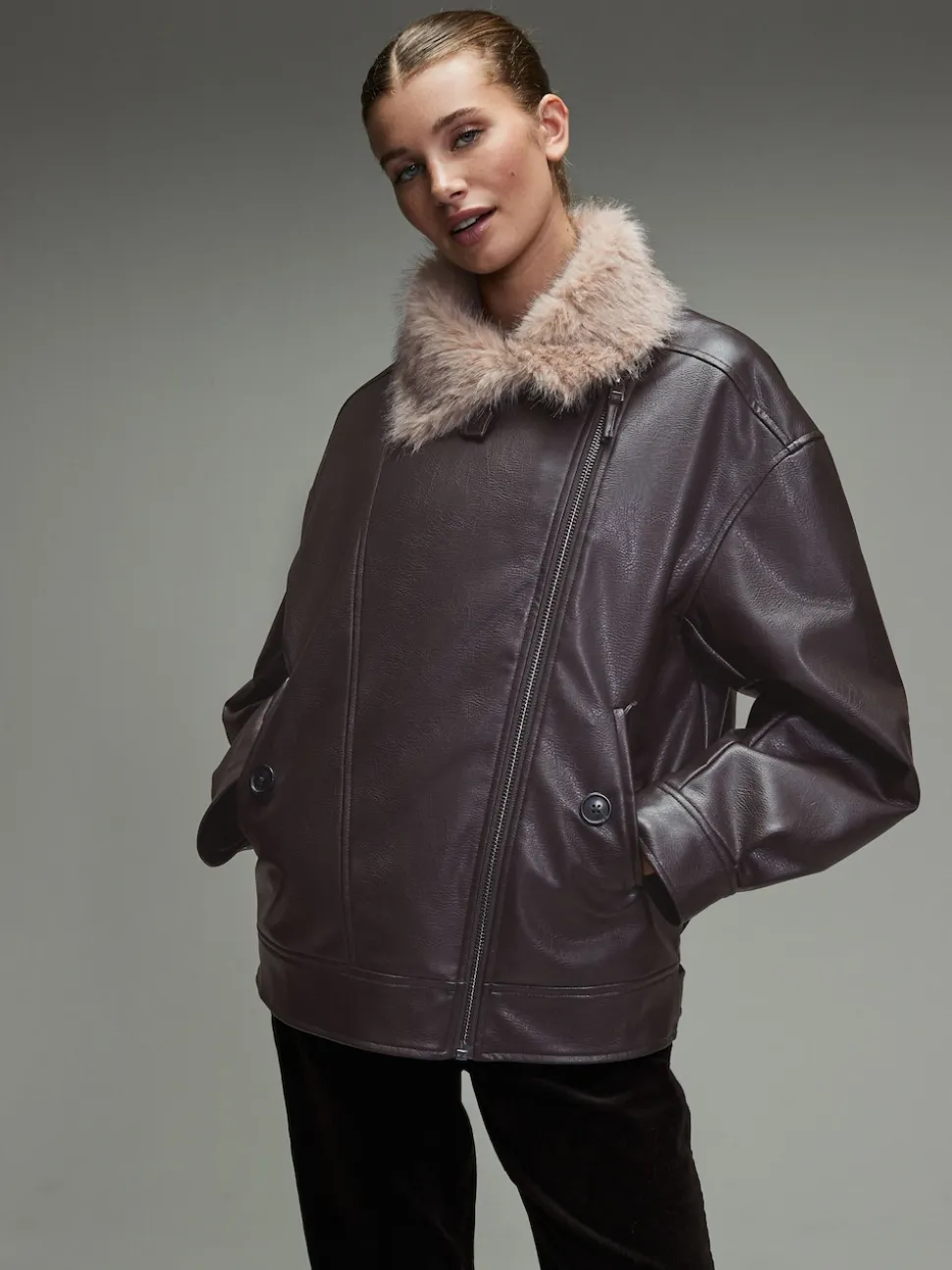 Marron chocolat - Vestes bomber en PU avec bordure en fausse fourrure